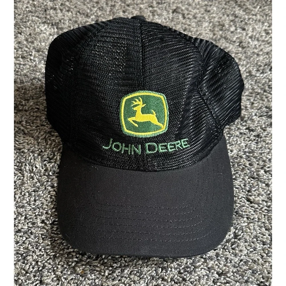 John Deere Hat Embroidered Mesh Black/Green Trucker - Hook and Loop Adjustment